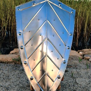 May include: A silver-colored shield with a pointed bottom and a series of rivets around the edges. The shield has a chevron pattern in the center. The shield is made of metal and reflects the surrounding environment.