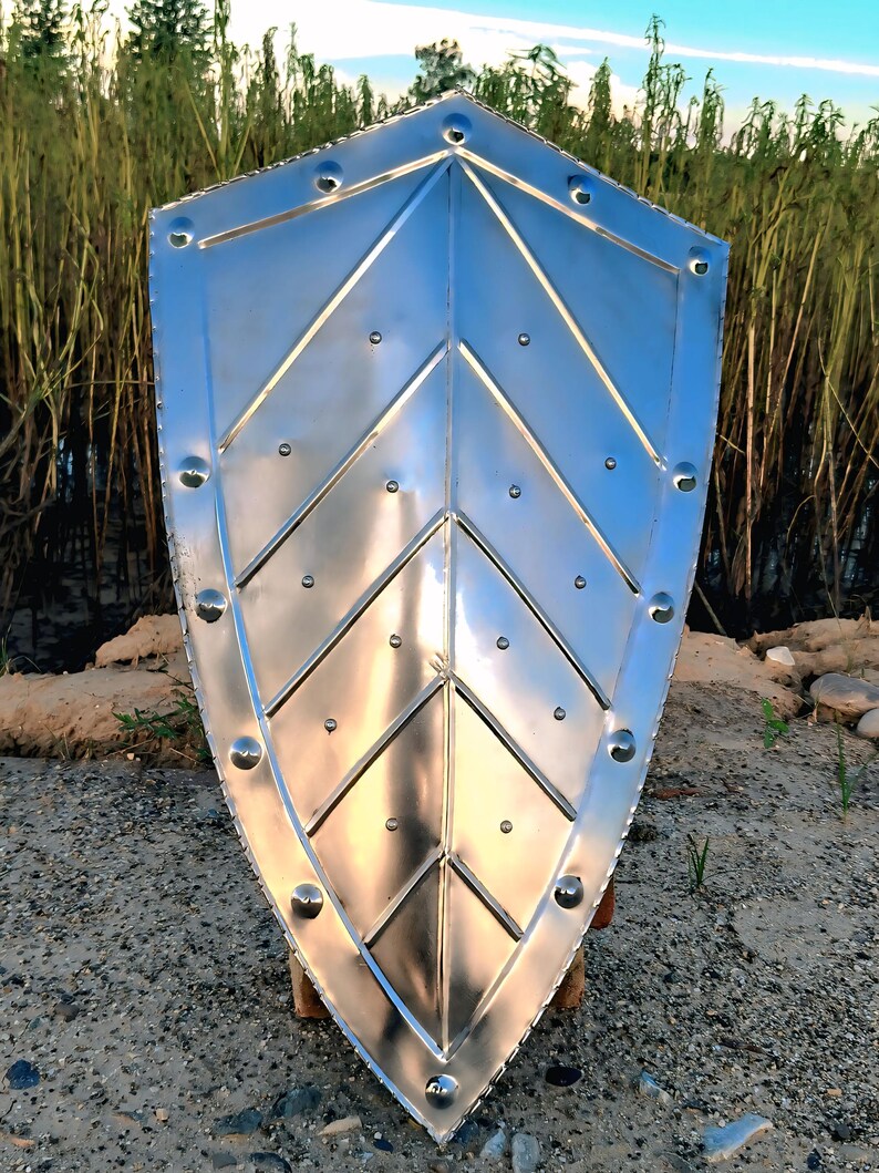 May include: A silver-colored shield with a pointed bottom and a series of rivets around the edges. The shield has a chevron pattern in the center. The shield is made of metal and reflects the surrounding environment.