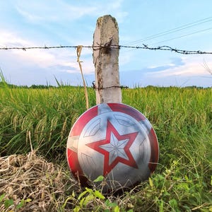 May include: A red, white, and silver shield with a large red star in the center, set in long grass. The shield is propped against a concrete post with barbed wire above. A field of green and a blue sky form the background.