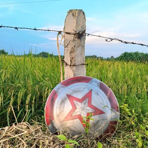 May include: A round shield with a red, white, and silver design featuring a large red star in the center. The shield is resting in tall grass near a concrete post with barbed wire, against a backdrop of a green field and blue sky.