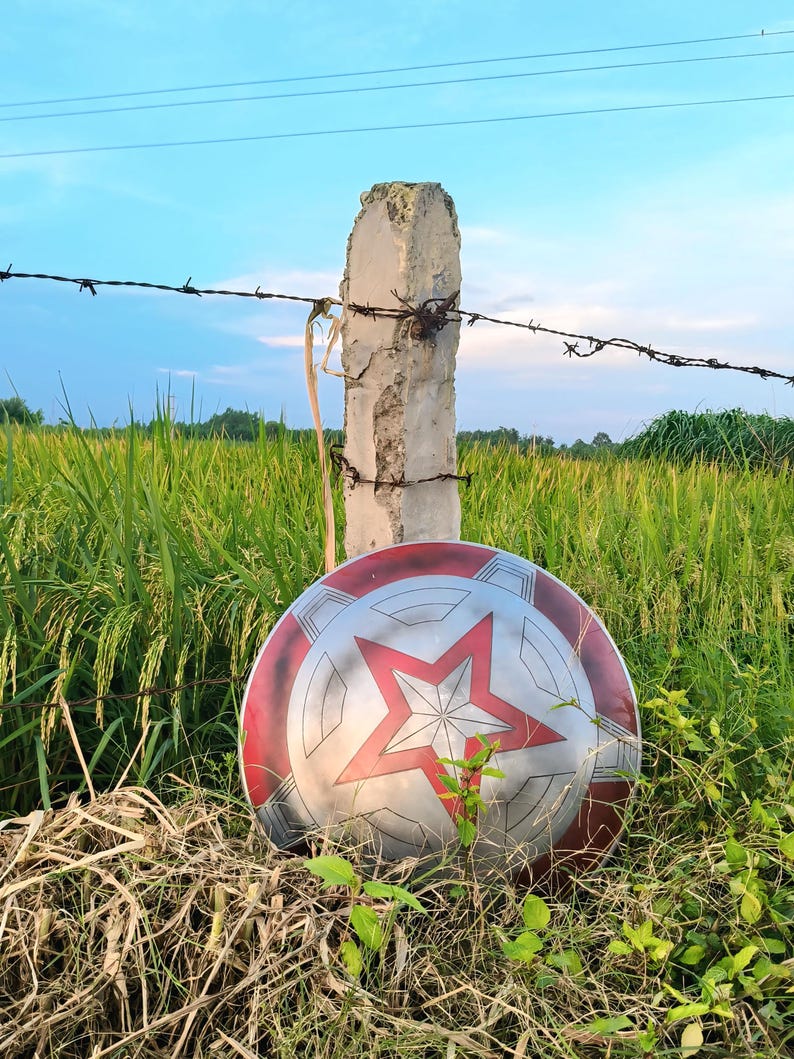 May include: A round shield with a red, white, and silver design featuring a large red star in the center. The shield is resting in tall grass near a concrete post with barbed wire, against a backdrop of a green field and blue sky.