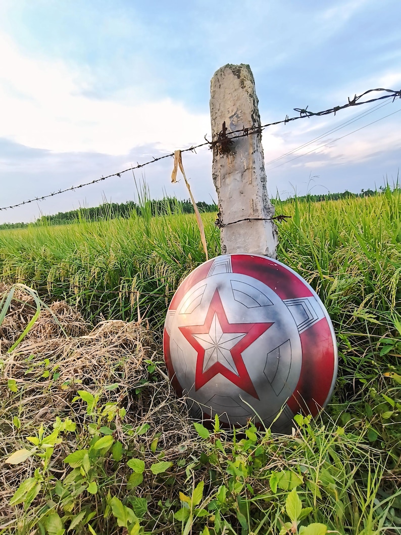 May include: A circular shield with a red and silver design, featuring a red star. The shield rests against a concrete post with barbed wire, set in a field with a cloudy sky in the background.
