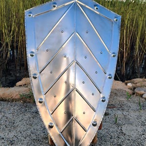 May include: A silver-colored, riveted shield with a pointed bottom and a chevron design. The shield has a polished finish and is likely made of metal. The edges are lined with rivets, and the background shows natural elements.