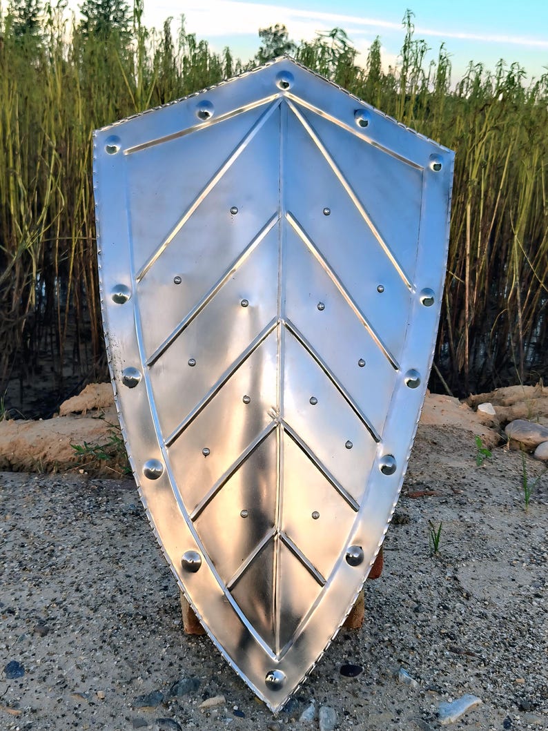 May include: A silver-colored, riveted shield with a pointed bottom and a chevron design. The shield has a polished finish and is likely made of metal. The edges are lined with rivets, and the background shows natural elements.