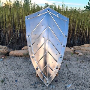 May include: A silver-colored shield with a pointed bottom and a series of rivets around the edges. The shield has a chevron design in the center. The background includes tall grass and a blue sky.
