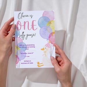 One Silly Goose Birthday Invitation Canva Template | Editable 1st First Birthday Invite Girl | Goose Party Theme | Instant Download