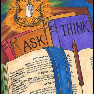 May include: A vintage, open book with handwritten text in Latin and English. The book is titled "Arithmeticor" and "In Qvaestion." The book is open to a page with the text "PROPOSITVM QVARDATVN IN DVOS QVARDATOS. IM 16. DIVDATVR IN DVOS QVA PRIMYS IQ. OPORTETIGA LES EFFE QVARDATO. FING MERIS QUOTQUOT LIBVERIT VNITATVM QUOD CONTINET EFTOA 2N.-4. IPPE IGN 4Q.+16.-16N. HAECO TATIBVS 16-Q. COMM YTRIMQUE DEFECTVS, & TVR FIMILIA, FIENT 50.  IS ERIT IGITVR ALTE &VTRIVA EFT." The book is on a table with a blue and gold bookmark. There is a purple book with the word "THINK" on the cover and a brown pencil on the table.