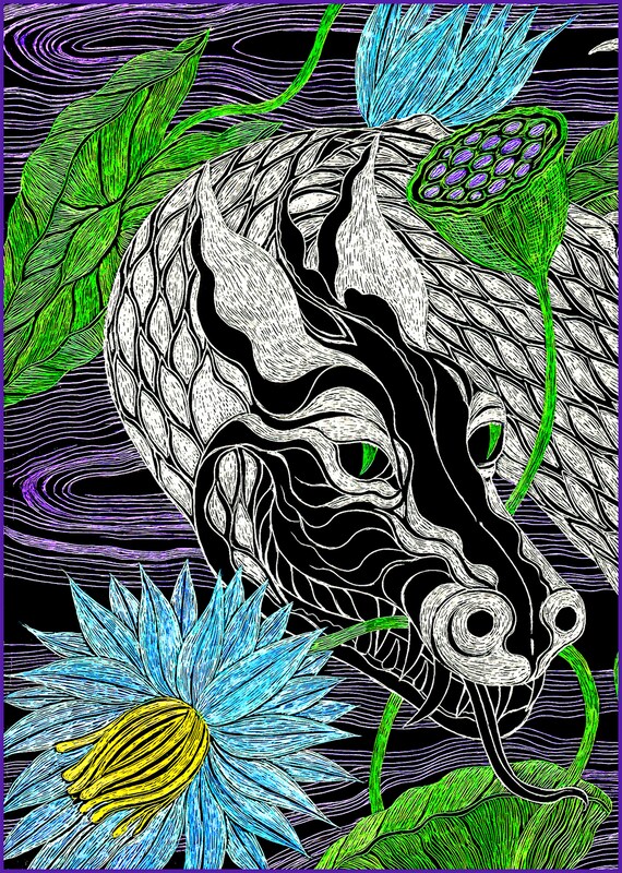 The White Dragon Loves Egyptian Blue Lotus Flowers 5 X 7 Etsy