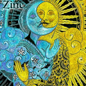 May include: A colorful illustration of a crescent moon and sun embracing, surrounded by stars and swirling clouds. The text "Mystical Powers Zine" is at the top of the image, and "Kristian Johnson Michiels" is at the bottom.