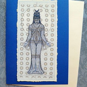 May include: A blue and white illustration of a person with a crown of circles on their head standing in a circle of stars. The person is surrounded by a circle of stars.