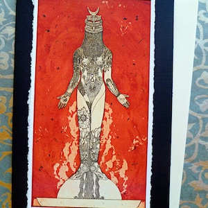 May include: A greeting card featuring a detailed illustration of a figure with ornate tattoos and a headdress, set against a vibrant red background. The figure is depicted with outstretched arms, and the card is framed with a black border and a white deckle edge.