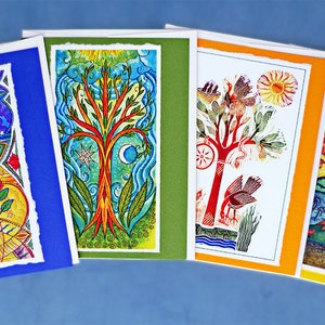 Magical Trees Set of Four Hand Made Notes, Sunseed Moonflower, Celestial, Huluppu Tree, Tree of Happiness.