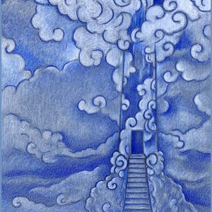 May include: A blue and white pencil drawing of a tower ascending into the clouds. The tower has a door and stairs leading up to it. The clouds are fluffy and surround the tower, creating a whimsical scene.