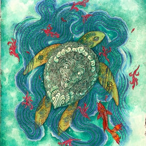 May include: A green and gold sea turtle with intricate details swims in a turquoise blue ocean with red coral and a single orange fish. The turtle's shell is covered in swirling patterns and clouds.