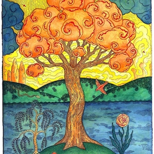 Tree of Happiness Hand Made  5 x 7 Blank Card, Archival Reproduction.  DESIGN NO.  2