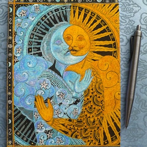 May include: A black background with a detailed illustration of the sun and moon embracing. The sun is depicted in shades of gold and yellow, while the moon is blue and white. The illustration is surrounded by a border of stars, clouds, and other celestial symbols.