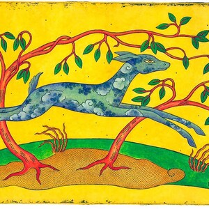 May include: An illustration of a blue deer leaping through a stylized landscape. The deer has a cloud-like pattern and is surrounded by red trees with green leaves. The background is yellow, with a green and brown ground.