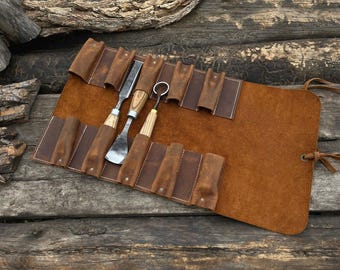 Genuine Leather Tool Roll – 10 Pocket Carving Chisels Storage Bag