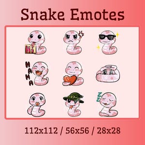 Peut inclure: Ensemble de neuf émoticônes de serpents roses avec diverses expressions, dont des lunettes de soleil, des coeurs et une pose endormie. Le texte "Snake Emotes" est en haut, avec les dimensions en bas.