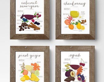 Wine Print Set of 4 // Wine Art Decor // Kitchen Art // Living Room Art // Food Illustration // Gift for Wine Lover