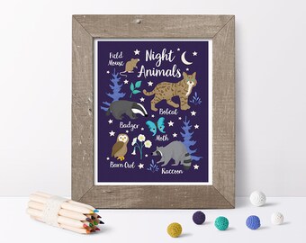 Night Animals Poster // Nocturnal Animals Print // Animal Wall Art // Nature Wall Art // Children's Print // Forest Animals // Kids Wall Art