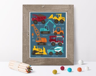 Construction Vehicles  // Construction Vehicle Print // Construction Poster // Construction Boys Room // Construction Vehicle Art