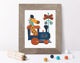 Train décor // kids prints // giraffe print // train art // nursery wall art // animal art print kids // baby gifts for boys