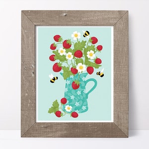 Strawberry Print // Strawberry Wall Art // Kitchen Wall Art // Fruit Illustration // Strawberry Illustration // Botanical Print // Bees