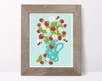 Strawberry Print // Strawberry Wall Art // Kitchen Wall Art // Fruit Illustration // Strawberry Illustration // Botanical Print // Bees