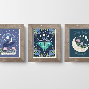 Moon Magic Art Prints // Moon Phase Art // Set of 3 // Celestial Art // Mystical Wall Art // Moon Phases Wall Art // Boho Wall Art