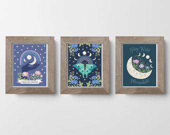 Moon Magic Art Prints // Moon Phase Art // Set of 3 // Celestial Art // Mystical Wall Art // Moon Phases Wall Art // Boho Wall Art