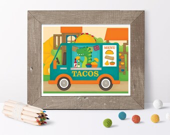 Food Trucks Print // Taco Truck // Street Food // Vehicle Wall Art // Kids Street Food Prints // Toddler Truck Print