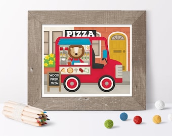 Food Trucks Print // Pizza Truck // Street Food // Vehicle Wall Art // Kids Street Food Prints // Toddler Truck Print