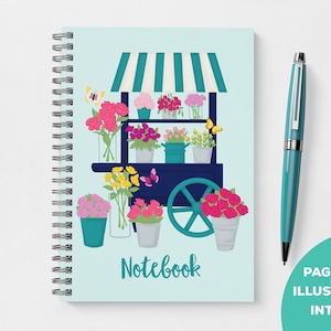 Flower Cart Journal // Floral Notebook // Flower Journal // Botanical Notebook // Journal with Flowers // Wire-on Notebook