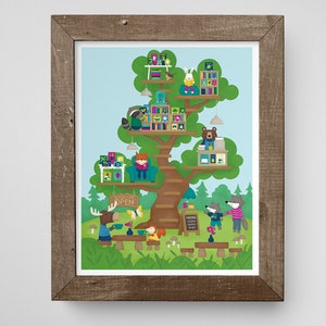 Treehouse Print // Woodland Treehouse Art Print // Kids Playroom Art // Kids Room Wall Art // Reading Print for Children // Reading Animals