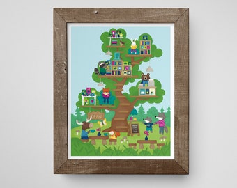 Treehouse Print // Woodland Treehouse Art Print // Kids Playroom Art // Kids Room Wall Art // Reading Print for Children // Reading Animals