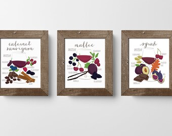 Wine Print Set of 3 // Wine Art Decor // Kitchen Art // Living Room Art // Food Illustration // Gift for Wine Lover