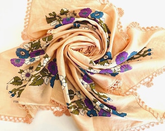 Vintage Turkish Cotton Floral Scarf with Crochet Lace Trim, 85x85 cm