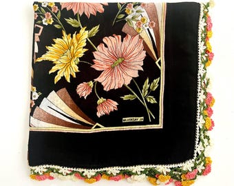 Turkish Oya Scarf; Black Cotton Large Floral Square Scarf with Hand Crocheted Edge