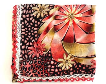 Vintage Turkish Floral Scarf with Crochet Lace Trim, Large 90x95 cm, Made in Turkiye