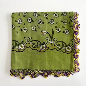 Vintage Oya Lace Scarf | Traditional Turkish Scarf with Crochet Lace | Floral Cotton Headscarf | Handmade Oya Yazma | Anatolian Trousseau