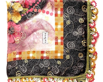 Turkish Oya Scarf: Embroidered Floral Headscarf with Crochet Lace