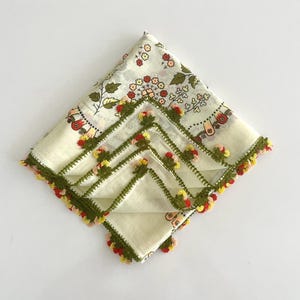Vintage Turkish Oya Scarf | Olive Green Floral Hand-Embroidered Edge | Antique Anatolian Large Headscarf | Turkish Folk Art