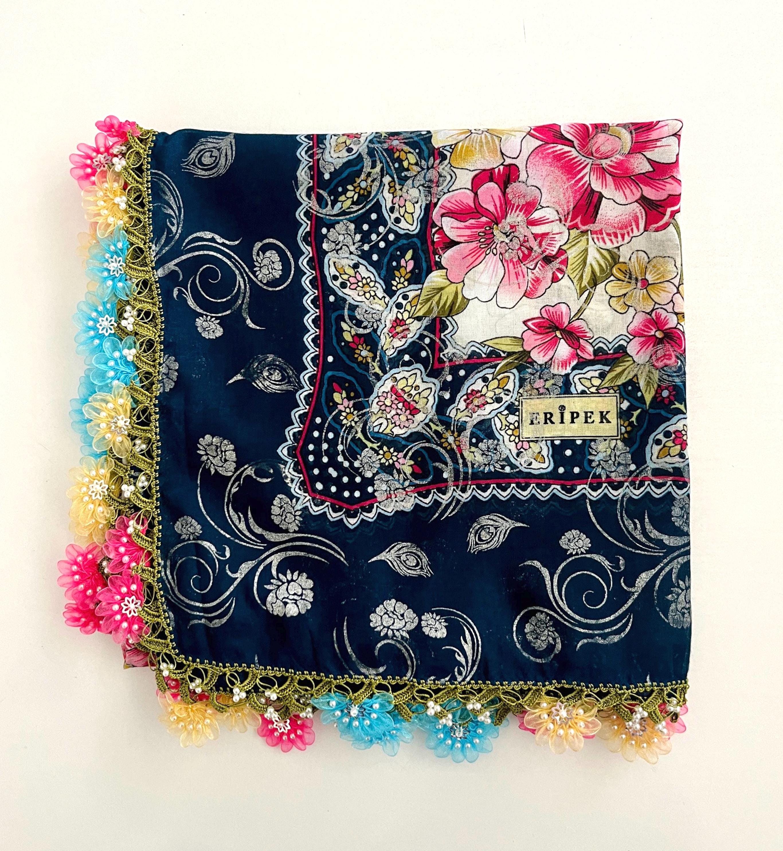 Floral Eripek Scarf With Handmade Ribbon Oya: Turkish Gauze