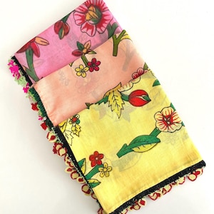 Antique Turkish Oya Scarf | Set of 3 | Handwoven Cotton with Woodblock Print | Floral Yazma with Handmade Crochet Edging Rare