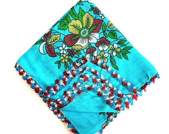 Vintage Turkish Cotton Floral Oya Scarf with Crochet Lace Trim