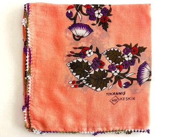Vintage Turkish Cotton Scarf, Floral Print, Handmade Crochet Lace Trim, 85x85 cm
