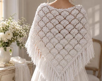 Hand Crocheted White Shawl with Metallic Thread • Bridal Crochet Wrap • Vintage Handmade Shawl