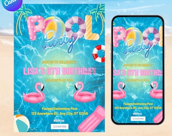Flamingo Pool Party Invitation | Editable Birthday Invite | Tropical Summer  Birthday | Instant Download | Canva Template