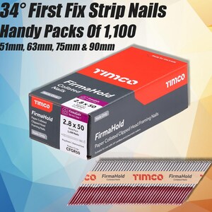 May include: A box of FirmaHold paper collated clipped head framing nails. The box is red and grey with the brand name and nail specifications. The image also shows a strip of nails, with lengths of 5.1cm, 6.3cm, 7.5cm, and 9cm.